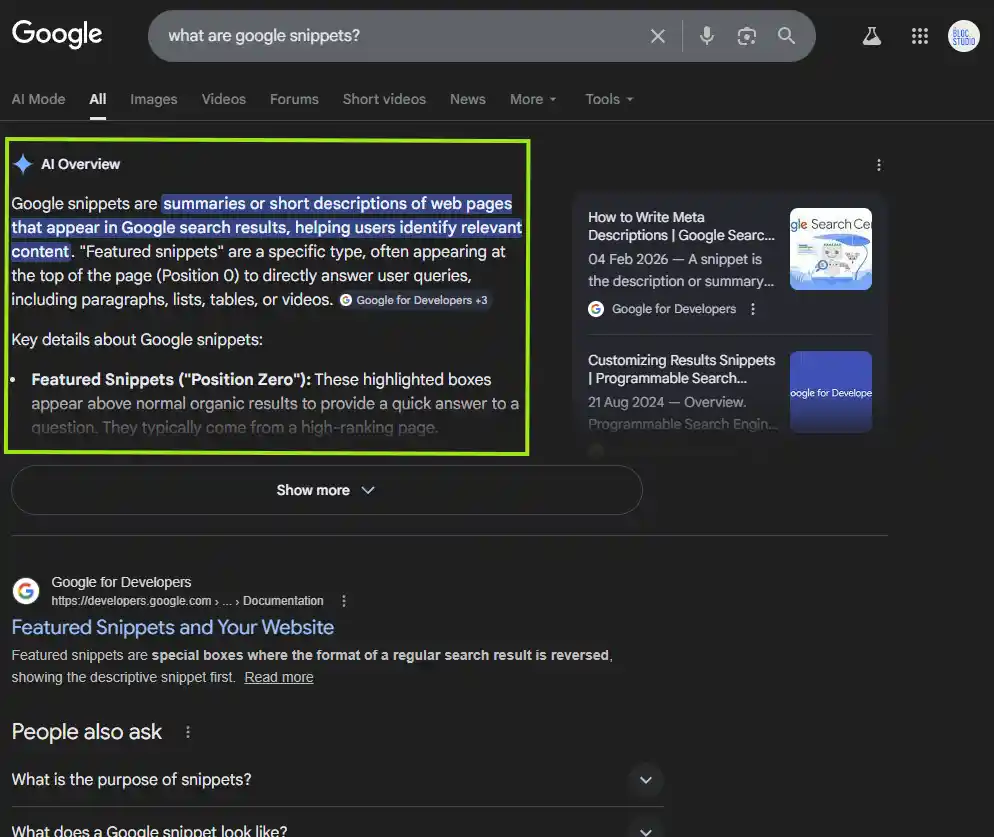 A Google Snippet showing the answer to "What is a snippet?"