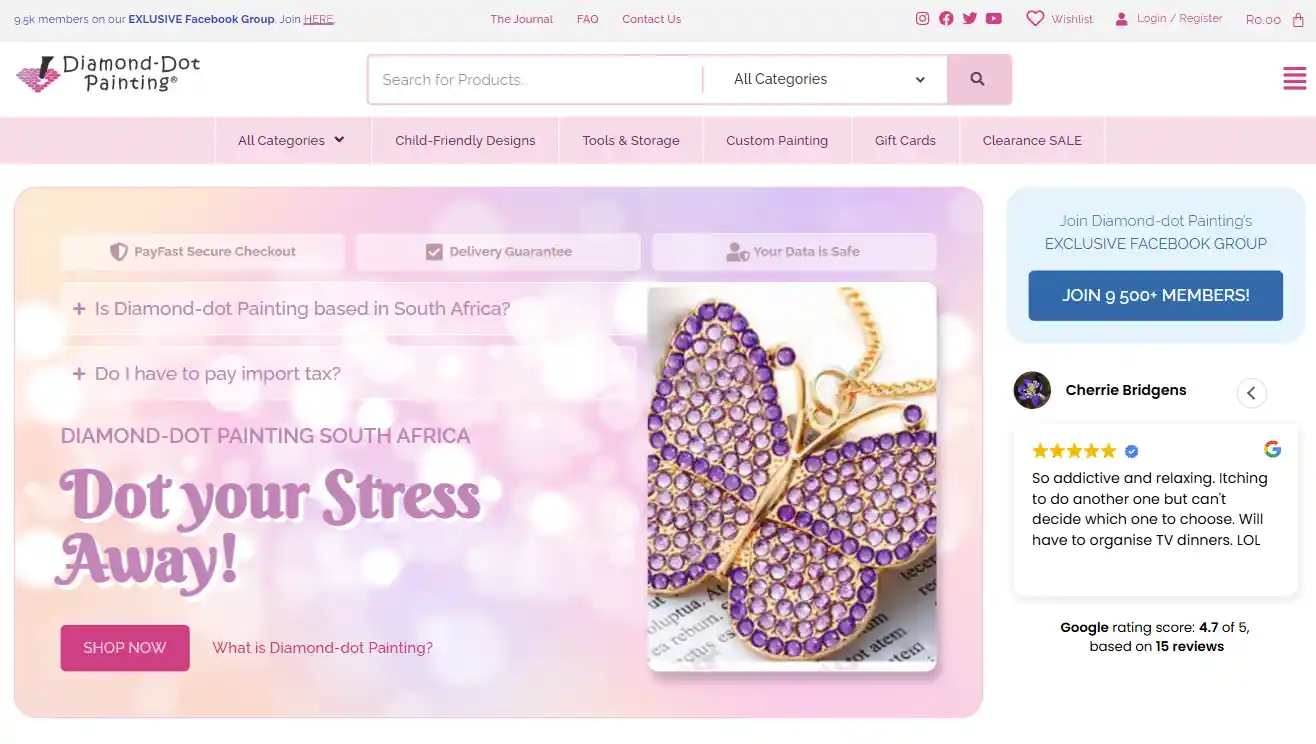 A screenshot of Diamond-dot Painting's new home page showing all the trust elements.